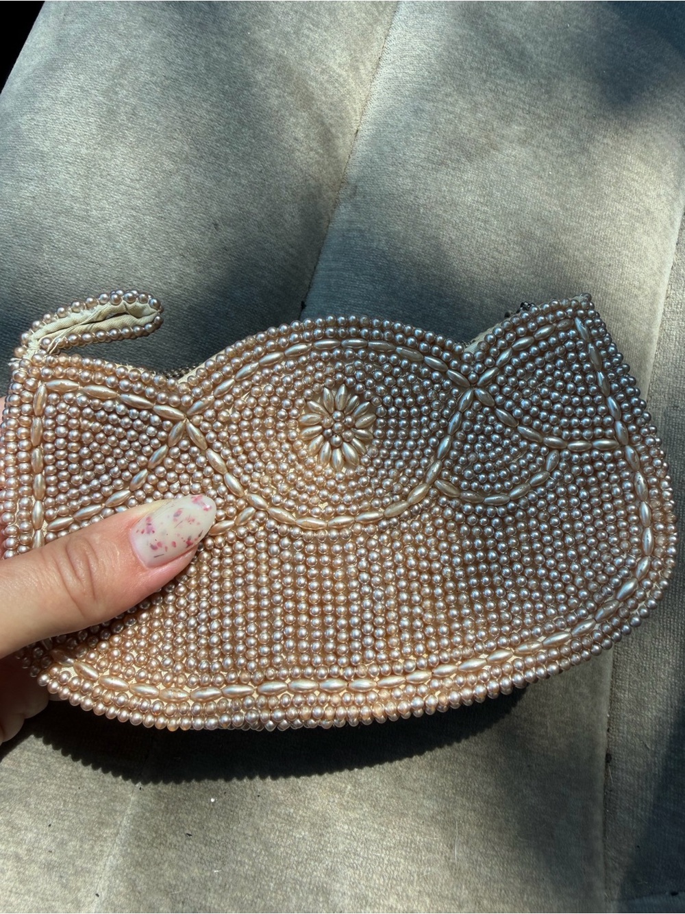 Vintage Pearl-Embellished Wristlet Clutch in Champagne